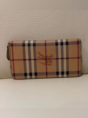 Burberry Classic Check Zip Wallet in Tan with Black & Red Accent